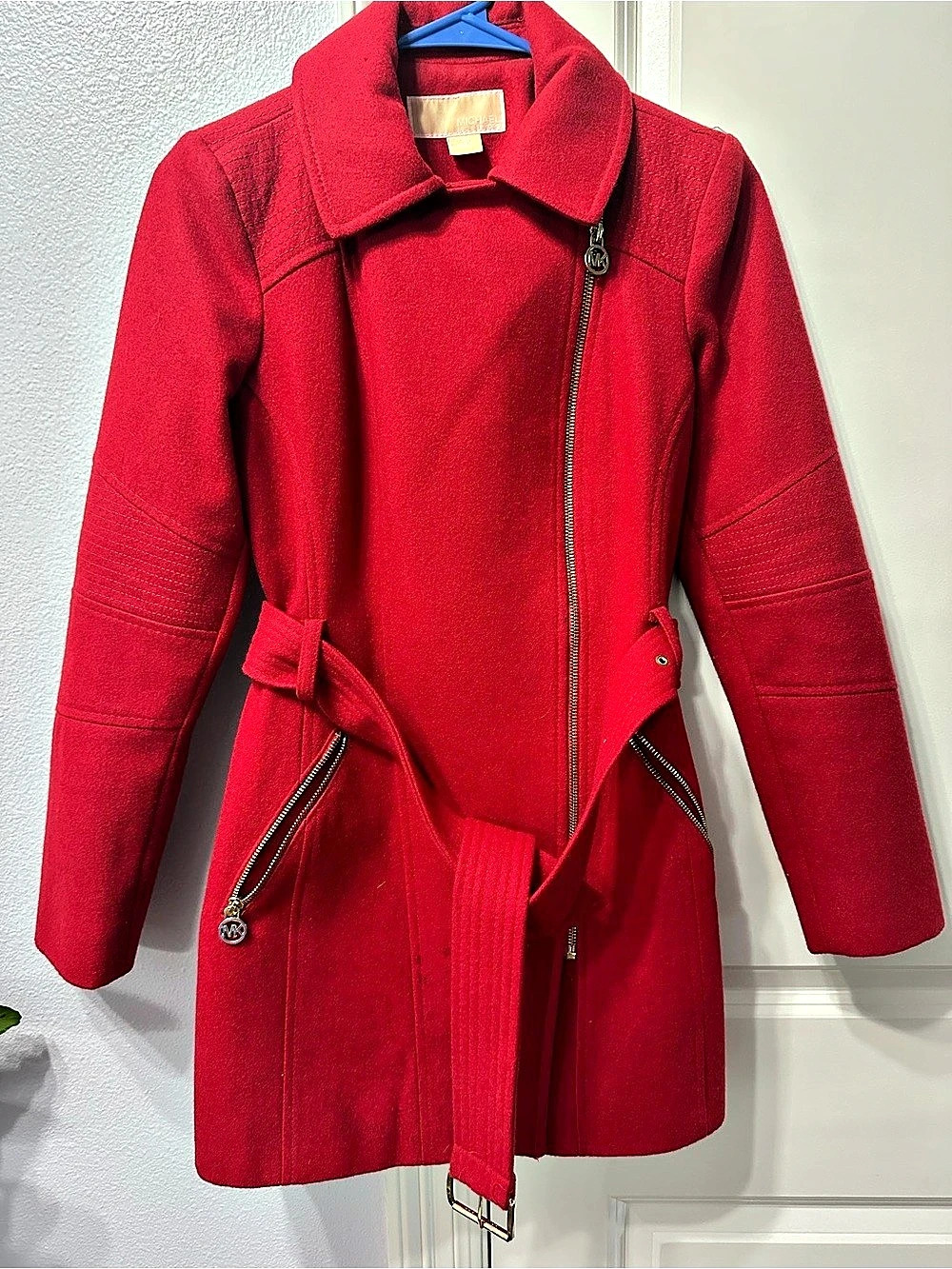 MICHAEL KORS Wool Blend Belted Coat in Red Size PXS